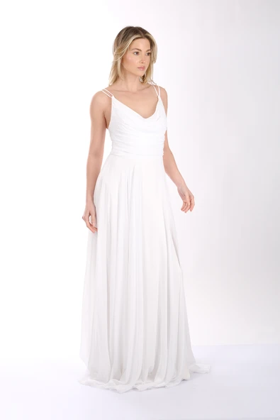 DORİDORCA Askılı Draje Yaka Önden Yırtmaçlı Şifon Abiye Elbise - Resim 7