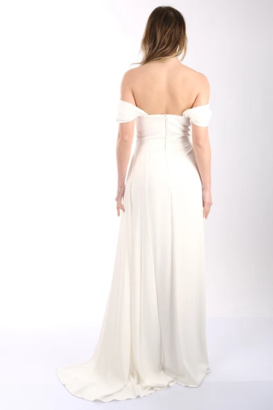 DORİDORCA Düşük Omuz Kayık Yaka Yırtmaçlı Şifon Abiye Elbise - Resim 12