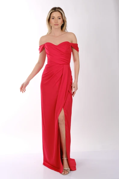 DORİDORCA Düşük Omuz Kayık Yaka Drape Detaylı Saten Abiye Elbise - 2