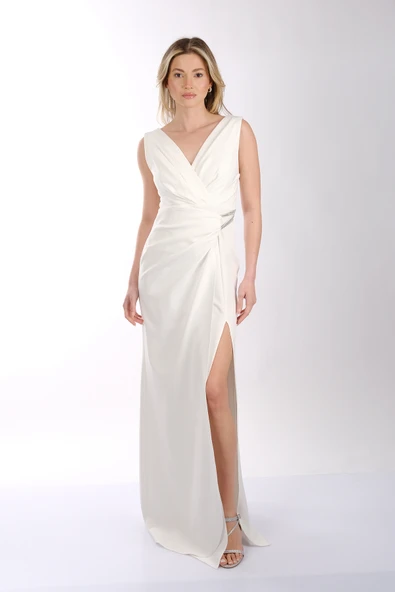 DORİDORCA Brokol Kumaş Balık Kesim Geniş Askılı Abiye Elbise - Resim 2