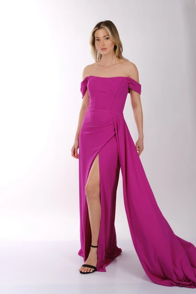 DORİDORCA Düşük Omuz Kayık Yaka Yırtmaçlı Şifon Abiye Elbise - Resim 9