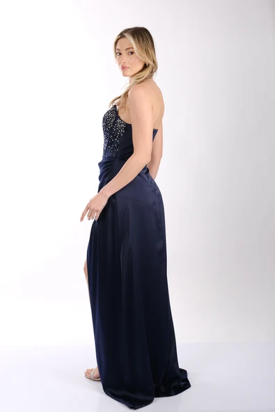 Önden Yırtmaçlı Taşlı Balık Kesim Saten Abiye Elbise Dori 00KB7036 - Resim 7