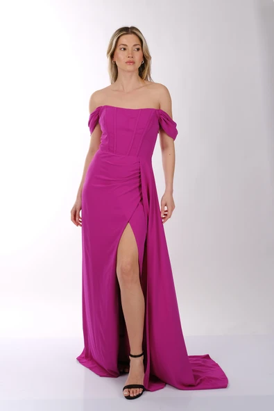 DORİDORCA Düşük Omuz Kayık Yaka Yırtmaçlı Şifon Abiye Elbise - Resim 2