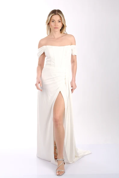 DORİDORCA Düşük Omuz Kayık Yaka Yırtmaçlı Şifon Abiye Elbise - Resim 10