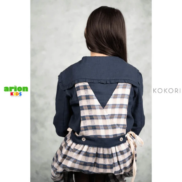 New Aria Lacivert Kareli Jile Elbise - Resim 3