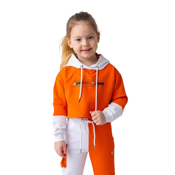 Kız Çocuk Kapüşonlu Crop Sweatshirt-Oranj