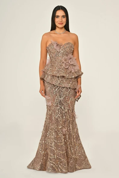 Straplez Volanlı Payet Uzun Abiye Elbise Alfa Beta - Resim 4