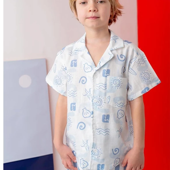Erkek Çocuk Desenli Keten Gömlek-Mavi