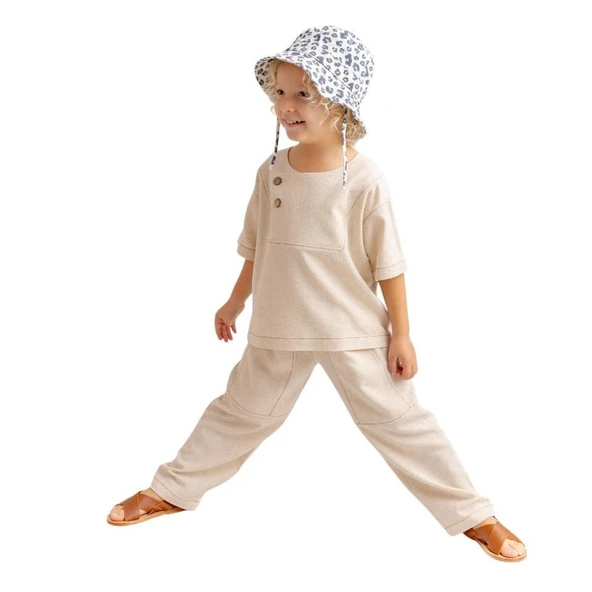 Kontrast Dikişli Keten Unisex Bluz  Bluz-Naturel ürün görseli 1