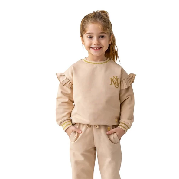 Kız Çocuk Kolları Fırfırlı Sweatshirt-Bej