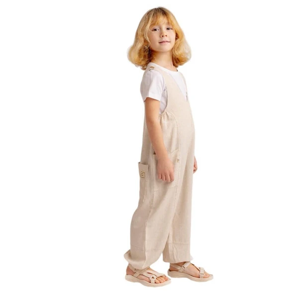Unisex V Yaka Paça Lastikli Keten Salopet Naturel - 3