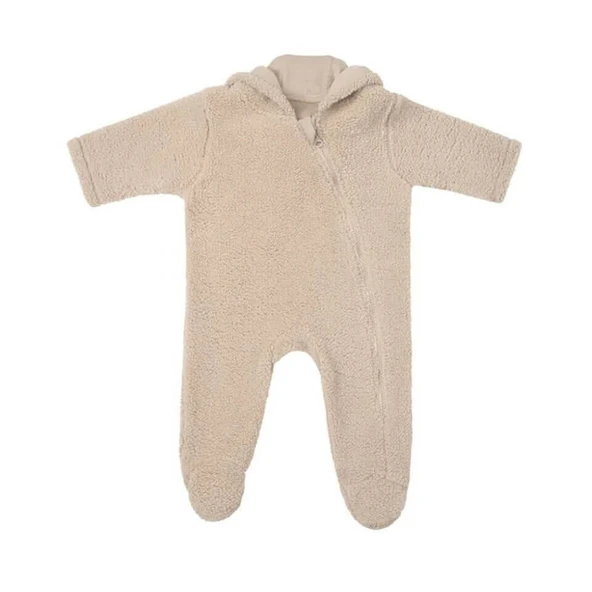 Ayı Kulaklı Kapüşonlu Peluş Tulum-Bej - 1