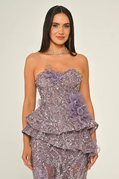 Straplez Volanlı Payet Uzun Abiye Elbise Alfa Beta - Resim 2