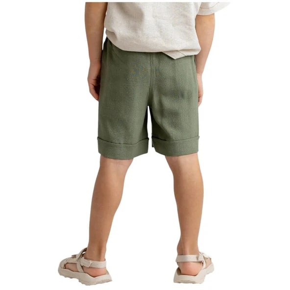 Keten Beli Lastikli Bağcıklı Cepli Unisex Şort-Haki - 3