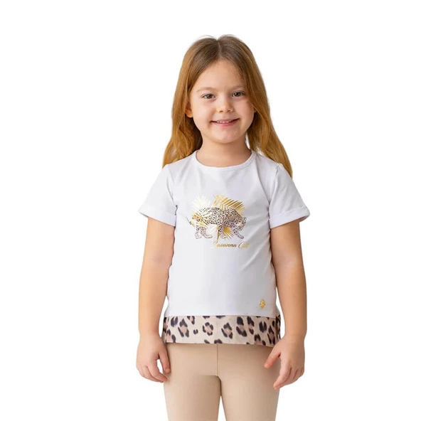 Kız Çocuk Leopar Desenli T-shirt-Beyaz