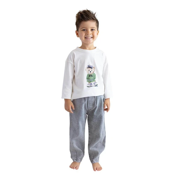 Erkek Bebek & Çocuk Baskılı T-shirt & Jean Pantolon Takım-Yeşil