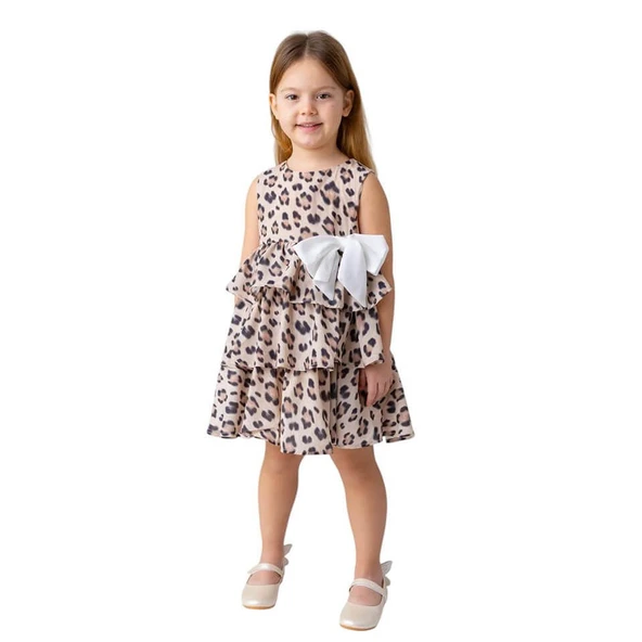 Kız Çocuk Leopar Desen Şifon Elbise - 3