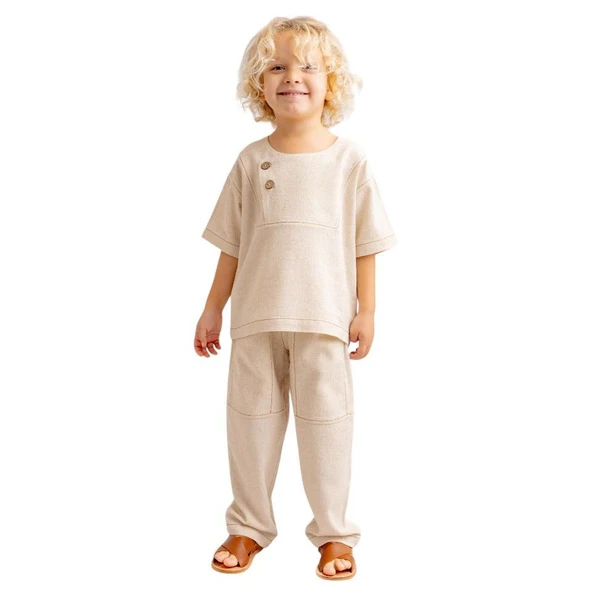 Kontrast Dikişli Keten Unisex Bluz  Bluz-Naturel - Resim 4