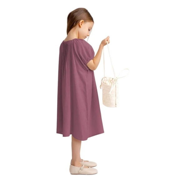 Nervürlü Keten Elbise-Mürdüm ürün görseli 1