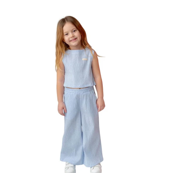 Kız Çocuk Bluz Pantalon Takım-Mavi Çizgili