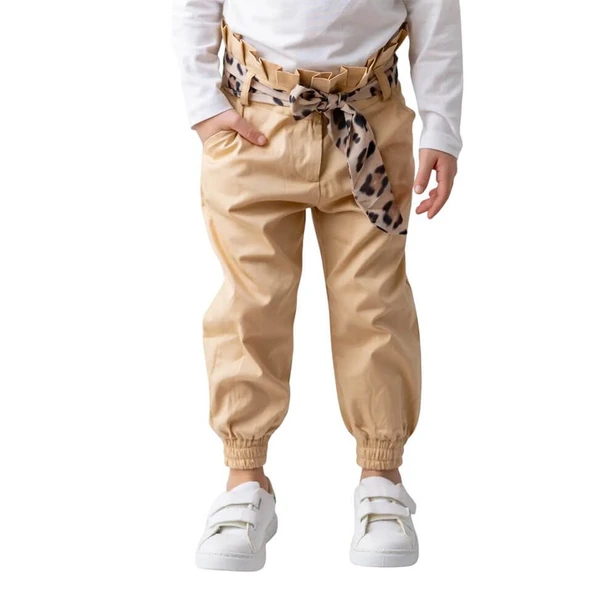 Kız Çocuk Beli Büzgülü Jogger Pantolon-Bej