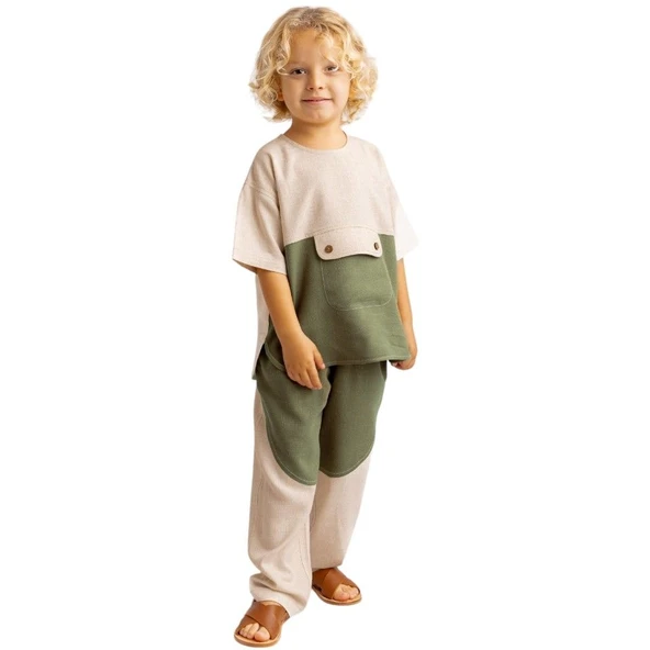 Kontrast Dikişli Keten Pantolon-Haki-Unisex - 1