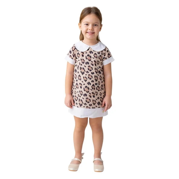 Kız Çocuk Bebe Yaka Leopar Desenli Şifon Elbise Leopar Desenli