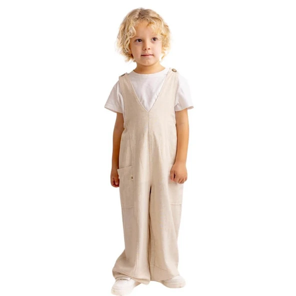 Unisex V Yaka Paça Lastikli Keten Salopet Naturel - 4