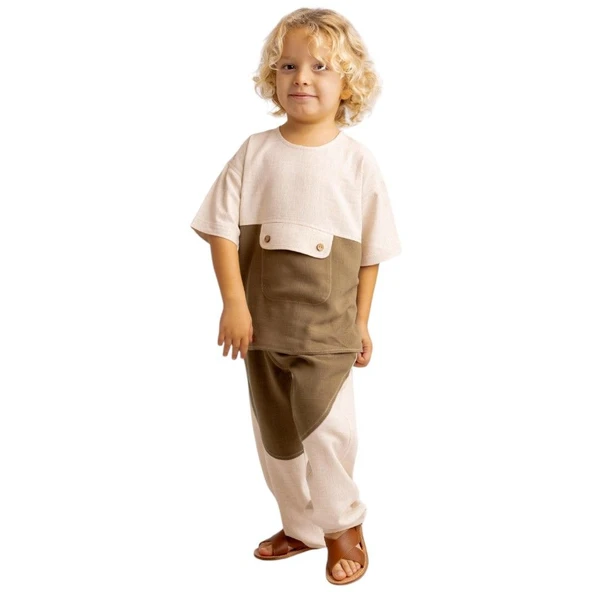 Kontrast Dikişli Keten Pantolon-Karamel-Unisex