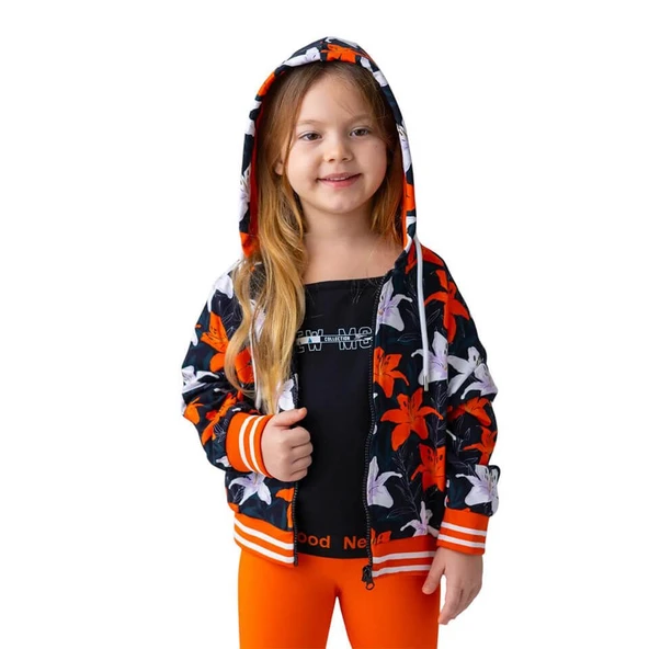 Kız Çocuk Çiçek Desenli Kapüşonlu Sweatshirt - 2