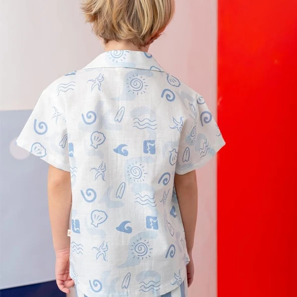 Erkek Çocuk Desenli Keten Gömlek-Mavi - 2