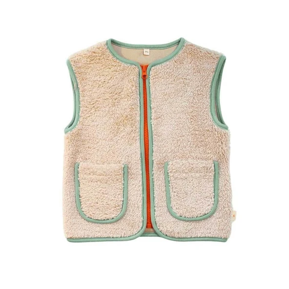 Slogan Nakışlı Peluş Yelek- Bej Renk ürün görseli 1