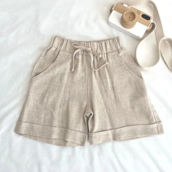 Keten Beli Lastikli Bağcıklı Cepli Unisex Şort-Haki - Resim 3