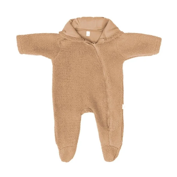 Ayı Kulaklı Kapüşonlu Peluş Tulum-Karamel ürün görseli 1