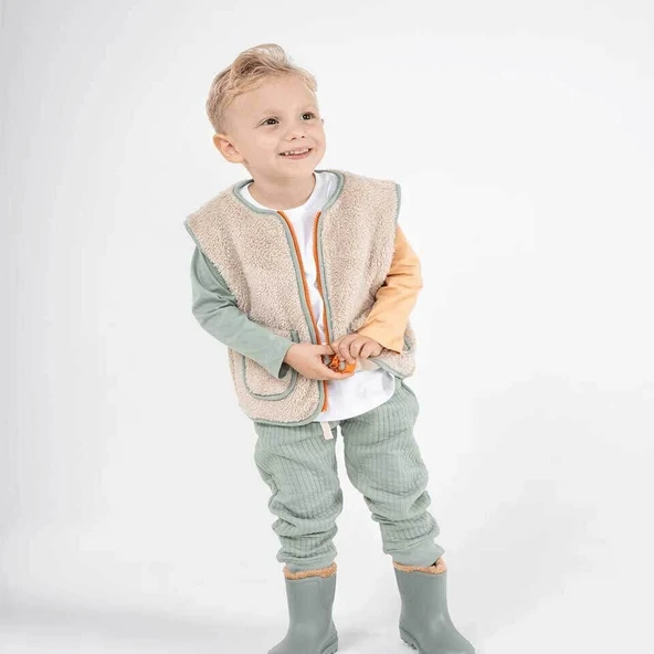 Slogan Nakışlı Peluş Yelek- Bej Renk - Resim 4