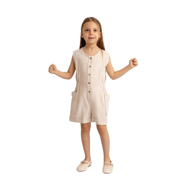 Yanları Cepli Kısa Boy Keten Tulum-Naturel - Resim 2