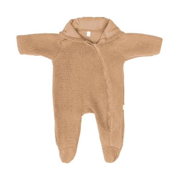 Ayı Kulaklı Kapüşonlu Peluş Tulum-Karamel
