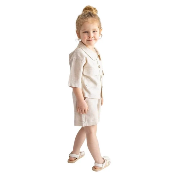 Keten Beli Lastikli Bağcıklı Cepli Unisex Şort-Naturel