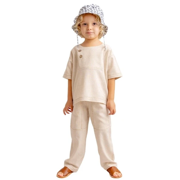 Kontrast Dikişli Keten Pantolon-Naturel-Unisex ürün görseli 1