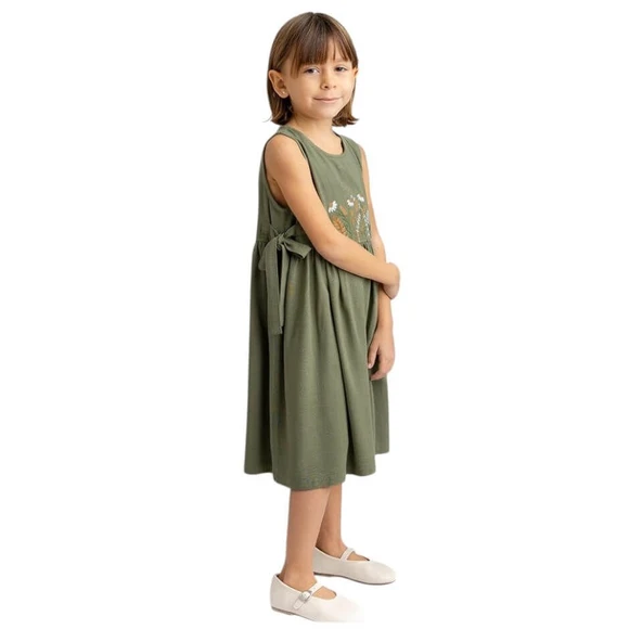 Önü Nakışlı Yandan Bağlamalı Keten Elbise-Haki - Resim 2