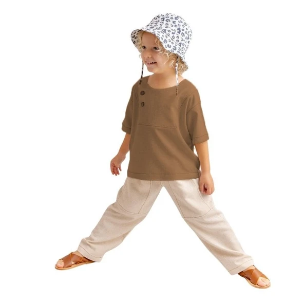 Unisex Kontrast Dikişli Keten Bluz-Kahverengi ürün görseli 1