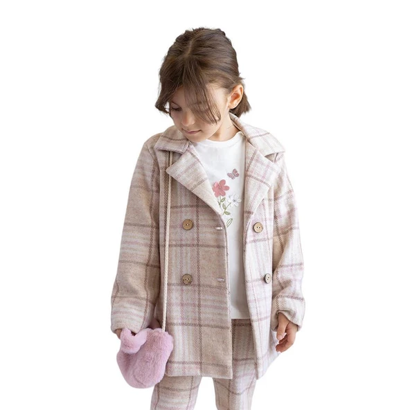 Kız Bebek Ekose Kaban - Peluş Çanta Aksesuarlı - 2