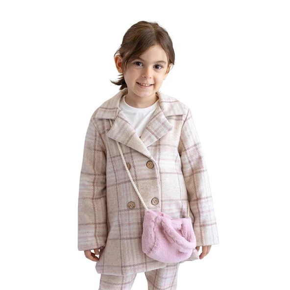Kız Bebek Ekose Kaban - Peluş Çanta Aksesuarlı