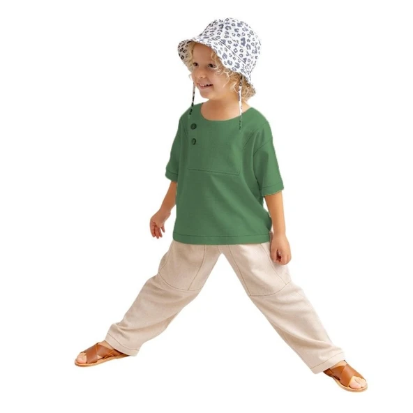 Unisex Kontrast Dikişli Keten Bluz-Haki