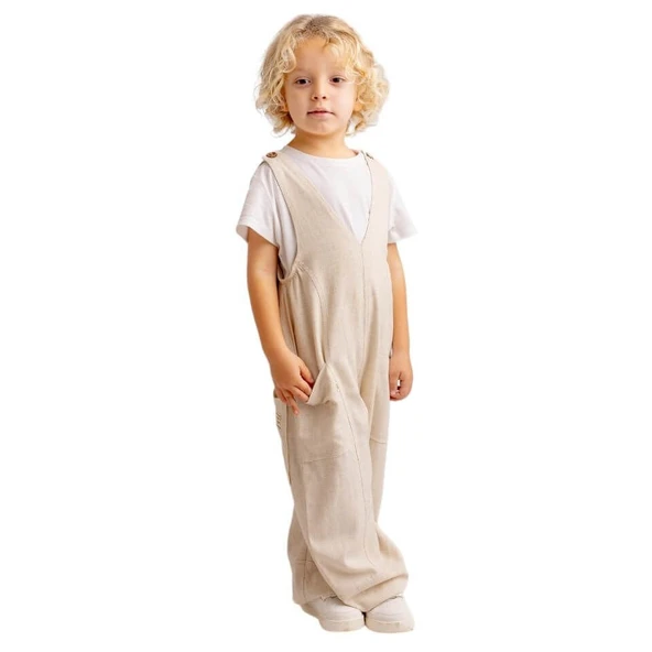 Unisex V Yaka Paça Lastikli Keten Salopet Naturel
