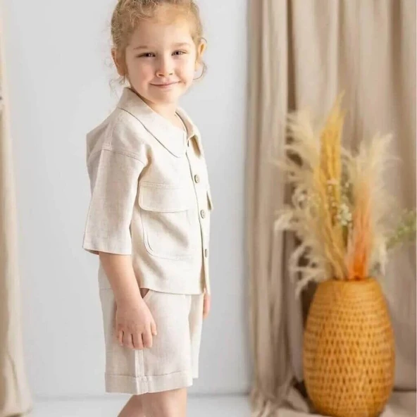 Keten Beli Lastikli Bağcıklı Cepli Unisex Şort-Haki - Resim 4