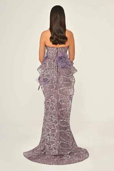 Straplez Volanlı Payet Uzun Abiye Elbise Alfa Beta - Resim 3