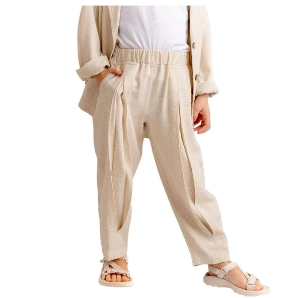 Paça ve Belden Kapalı A Pile Keten Pantolon-Unisex ürün görseli 1