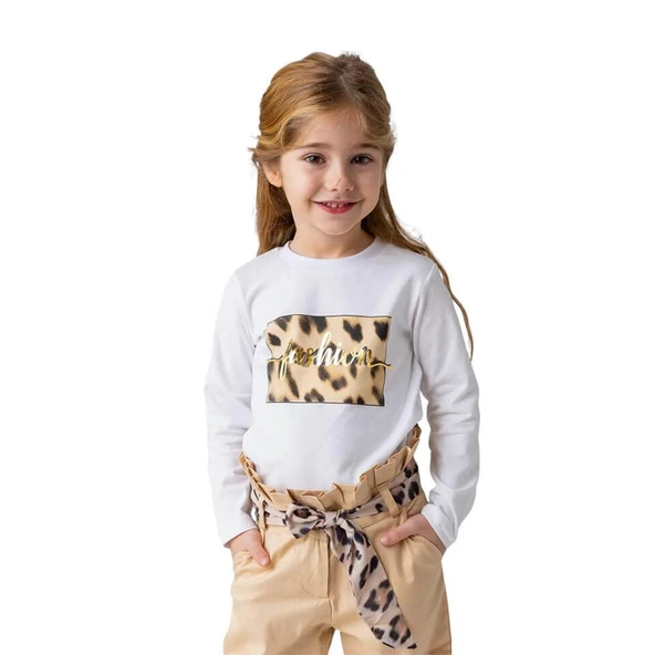 Kız Çocuk Leopar Baskılı Uzun Kollu T-shirt-Beyaz