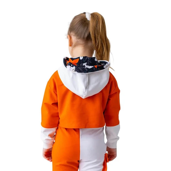 Kız Çocuk Kapüşonlu Crop Sweatshirt-Oranj - 2